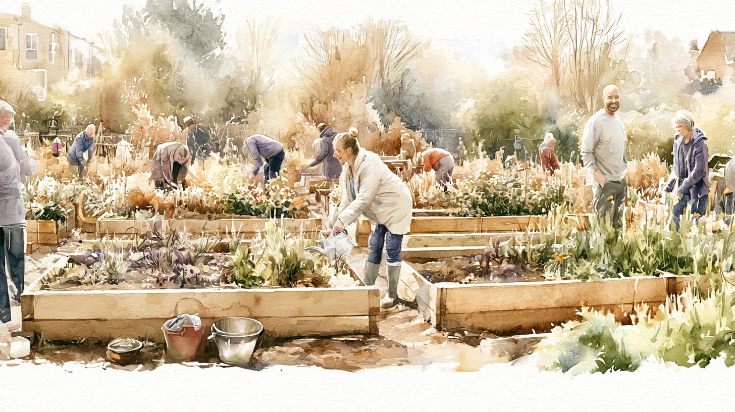 A small group working in a community garden, one woman watering plants while a support worker looks on