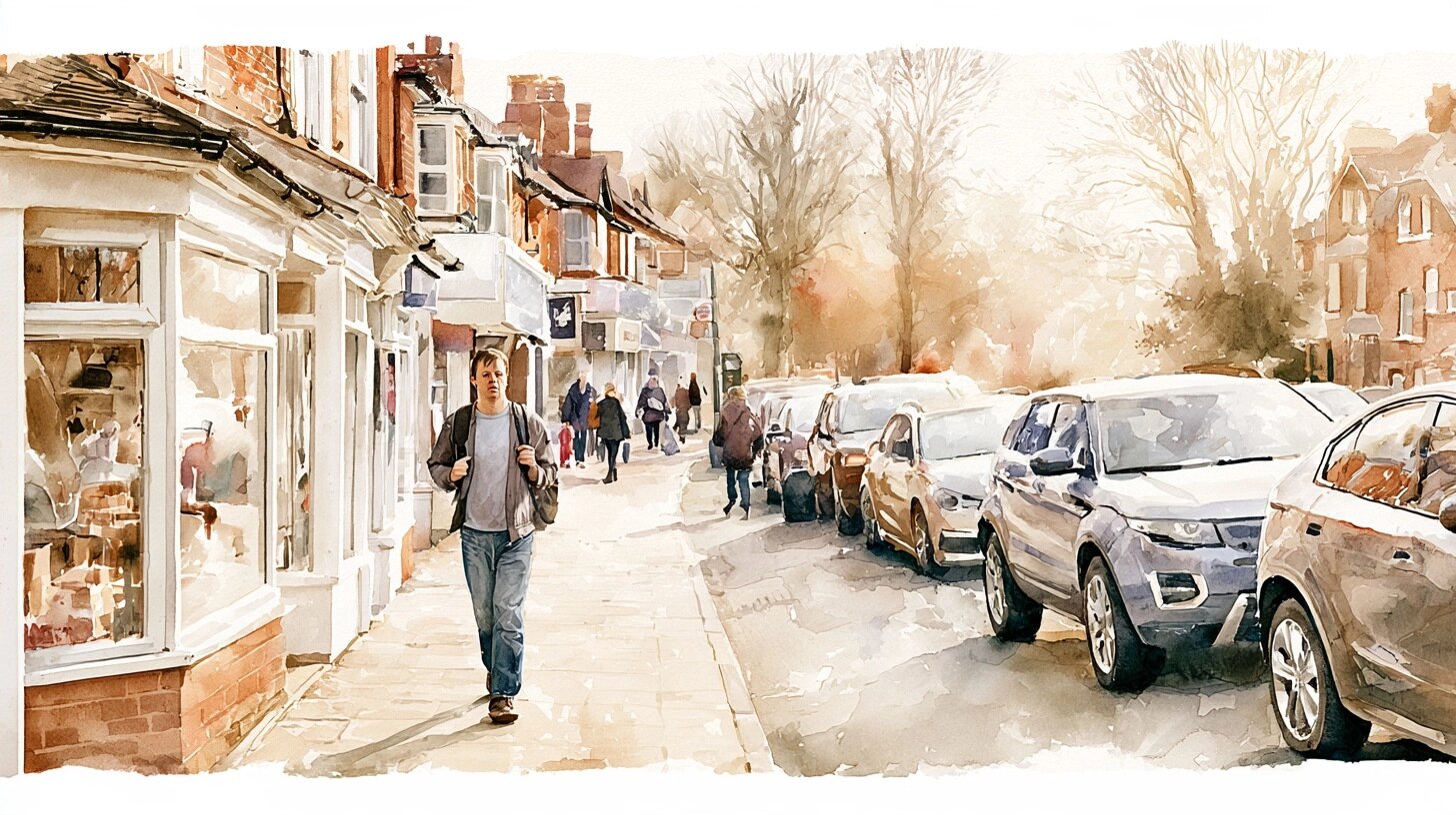 A man in his forties with Down's syndrome walking to work along a town street with his rucksack