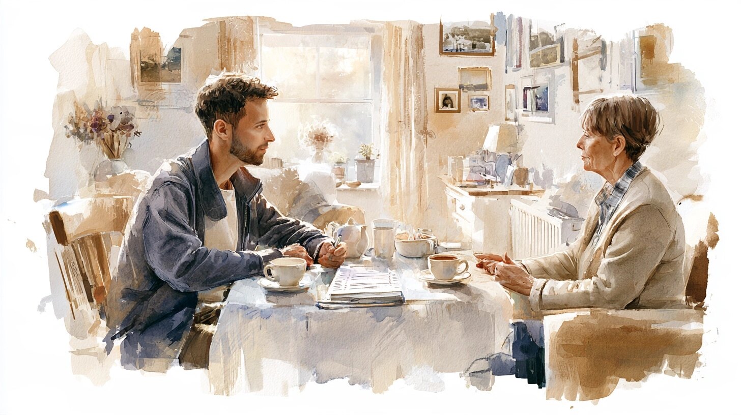 A man and a social care assessor talking at a table with a written list between them
