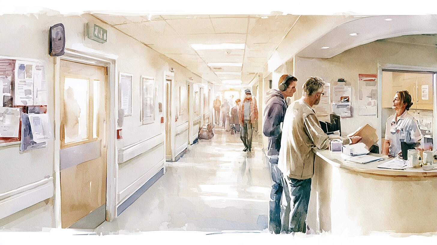A father hands a folder to a nurse at the ward desk while his adult son waits beside him in headphones