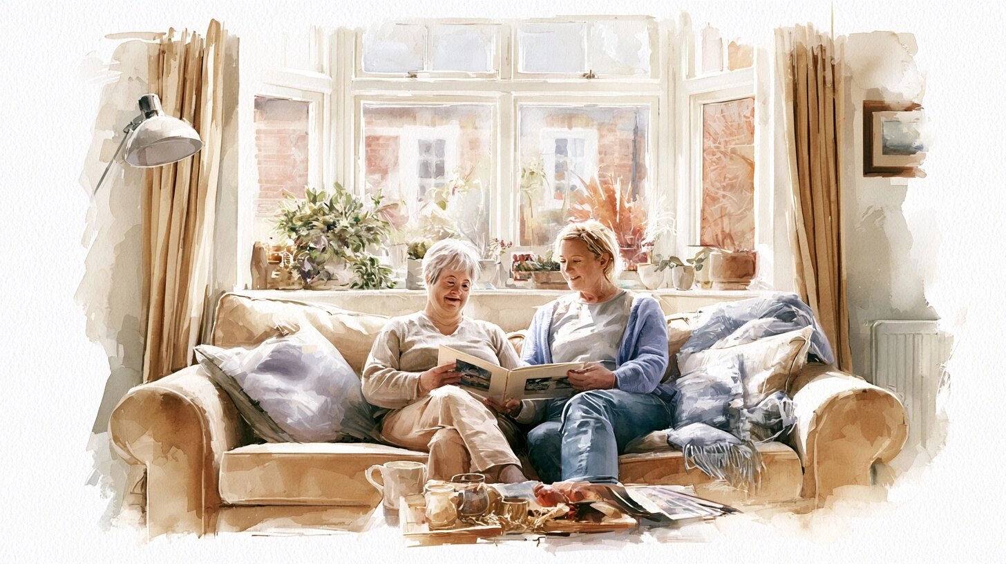 An older woman with Down's syndrome and her sister looking through a photo album on the sofa