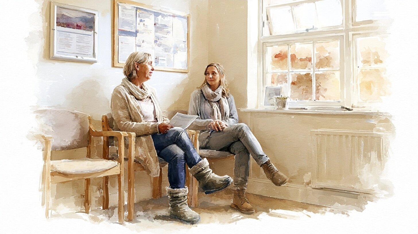 A woman in her thirties waits calmly at the GP surgery beside her support worker