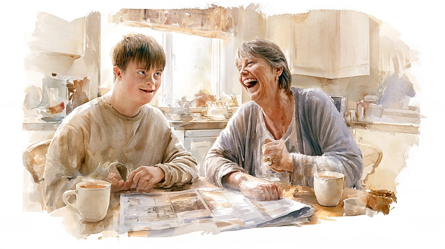 A young man with Down's syndrome and his mother laughing at the kitchen table over a weekly planner