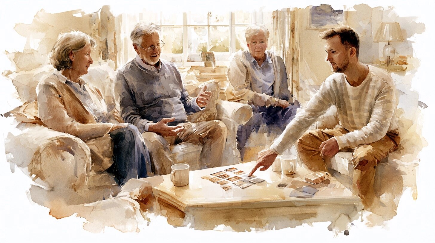An older couple and their adult son talking in the sitting room, the son pointing at a picture card