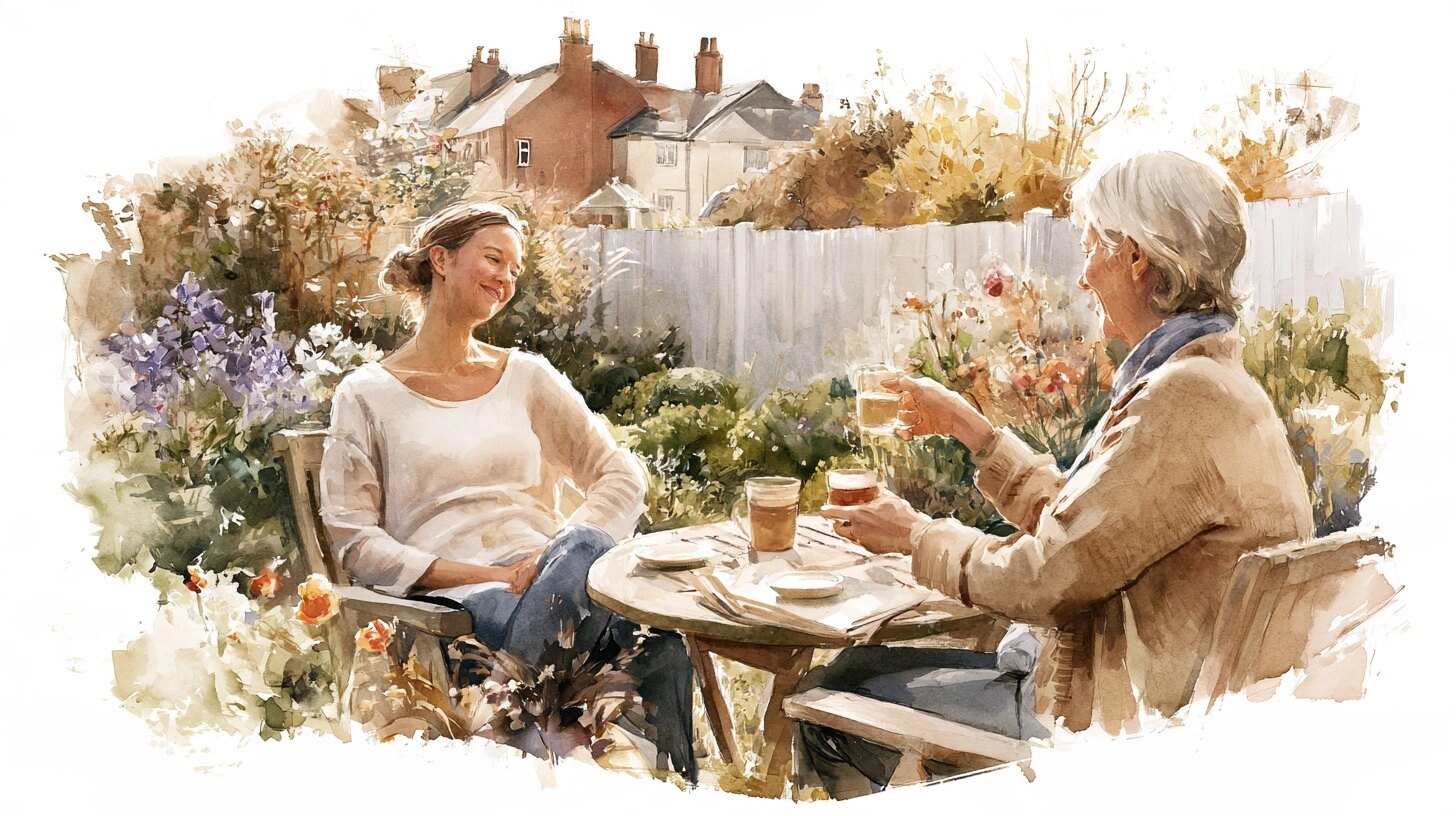 A young woman at a garden table choosing between two drinks her mother offers