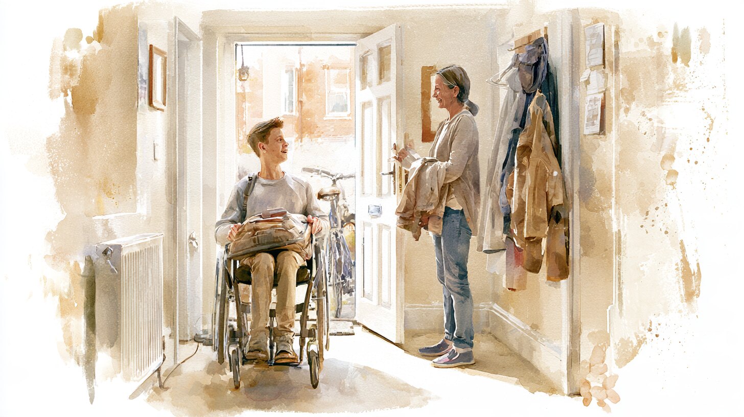 A young man in a wheelchair heading out of his front door with his college bag while his personal assistant holds the door