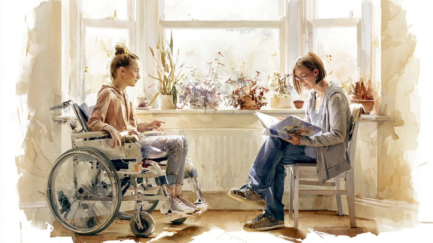 A young woman in a supportive wheelchair by a sunny window while her carer reads to her
