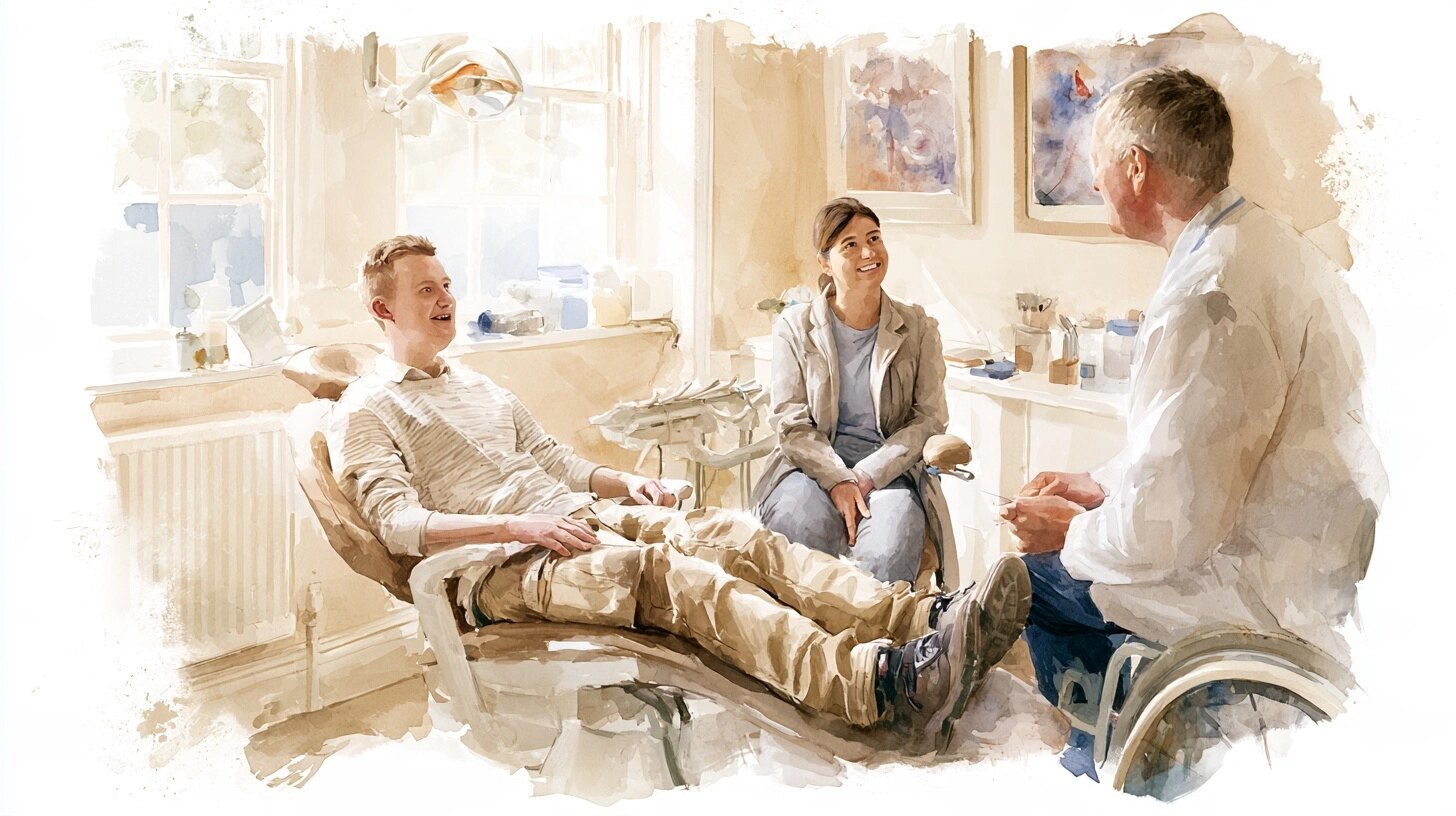 A man sits relaxed in the dentist's chair with his support worker beside him