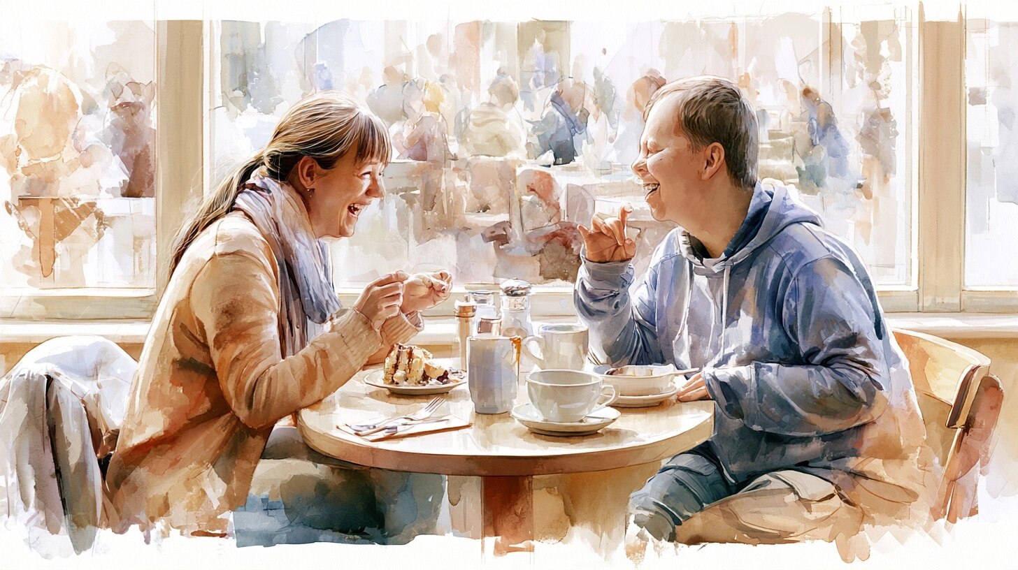 Two friends sharing cake and laughing at a café table on a bright afternoon