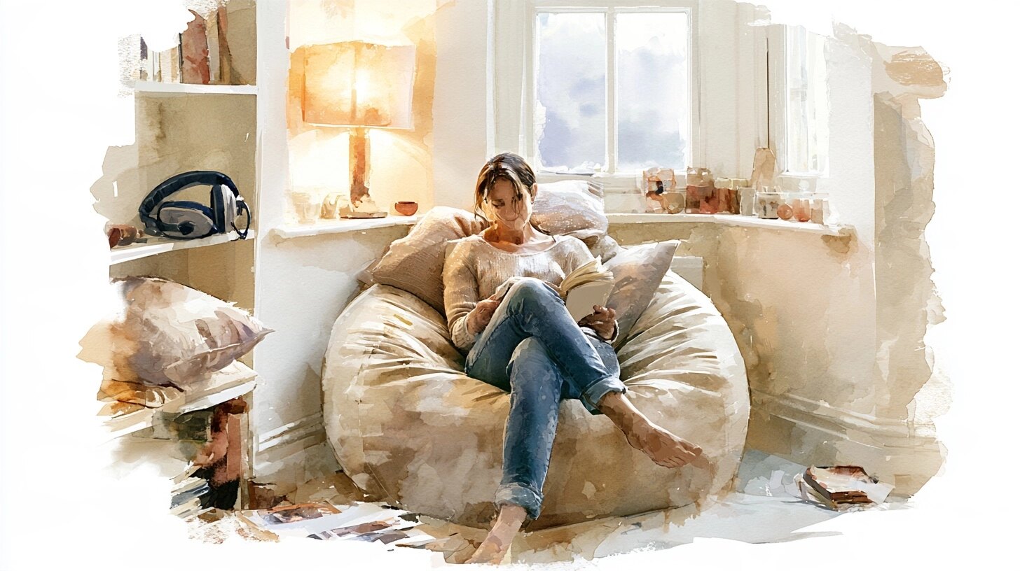 A calm corner of a sitting room with a warm lamp, a beanbag and ear defenders on a shelf
