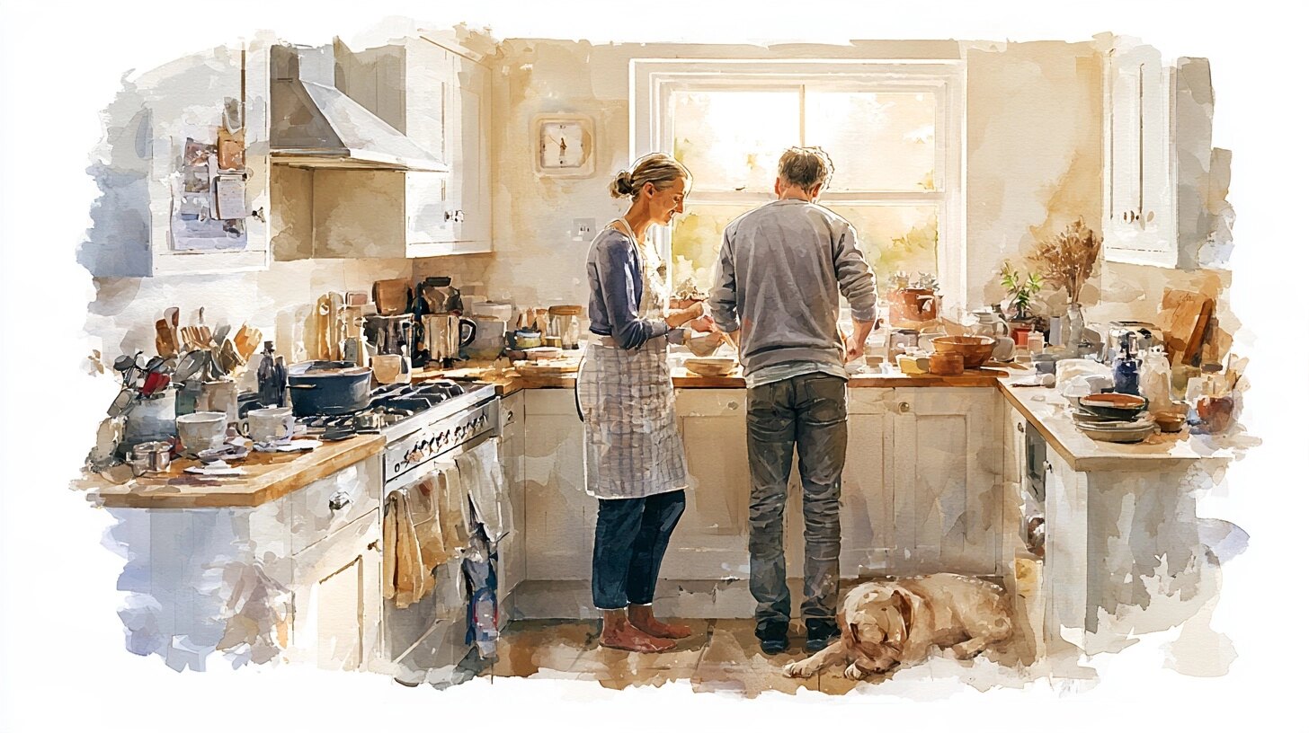 A Shared Lives carer and a young man cooking together in a family kitchen, a dog under the table