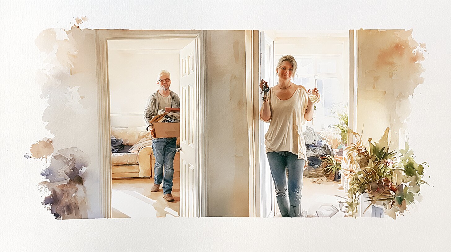 A woman at the door of her own flat holding up her keys, a support worker behind her carrying a box of her things