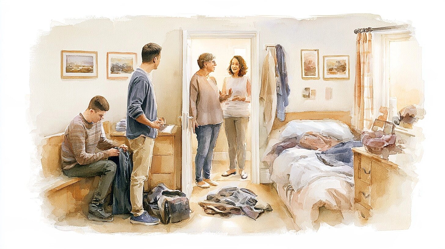 A young man with a learning disability packing a bag while his mother and a social worker talk in the doorway, in a bedroom