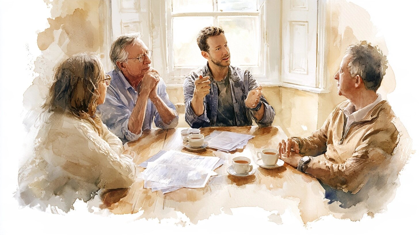 An older couple talking with their adult son who has a learning disability, papers and cups of tea, at a kitchen table