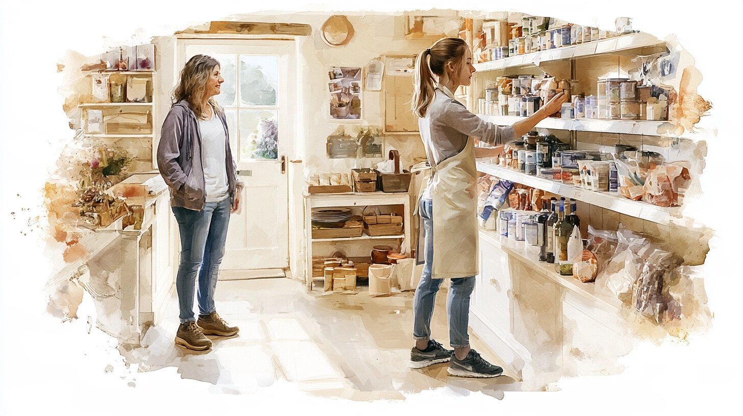 A young woman in an apron stacking shelves in a small shop, a job coach nearby