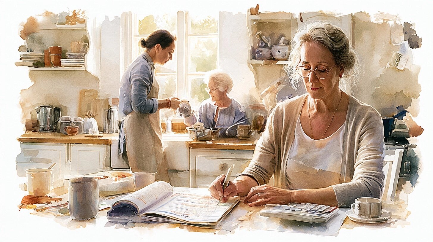 A woman works out a weekly care plan at the kitchen table while a carer makes tea in the background