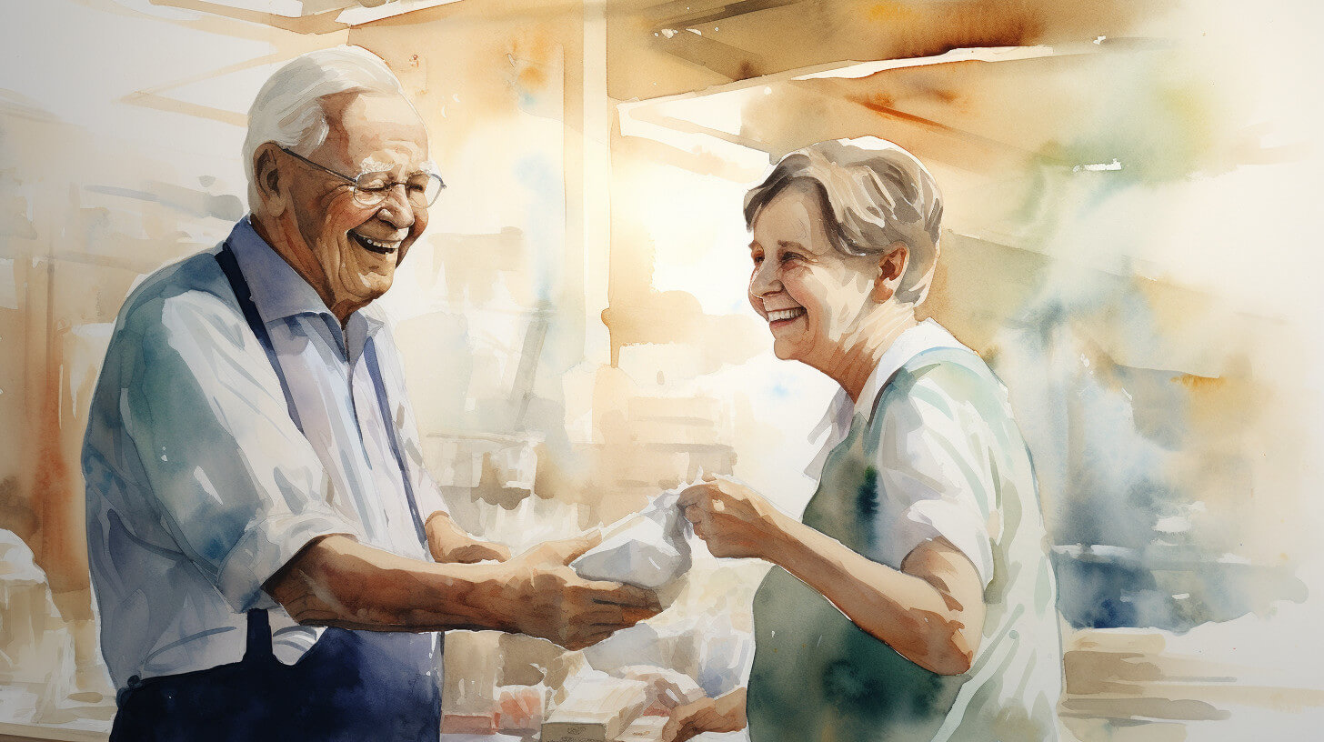 An elderly man smiling as he takes a small packet of medicine from a pharmacist across the counter
