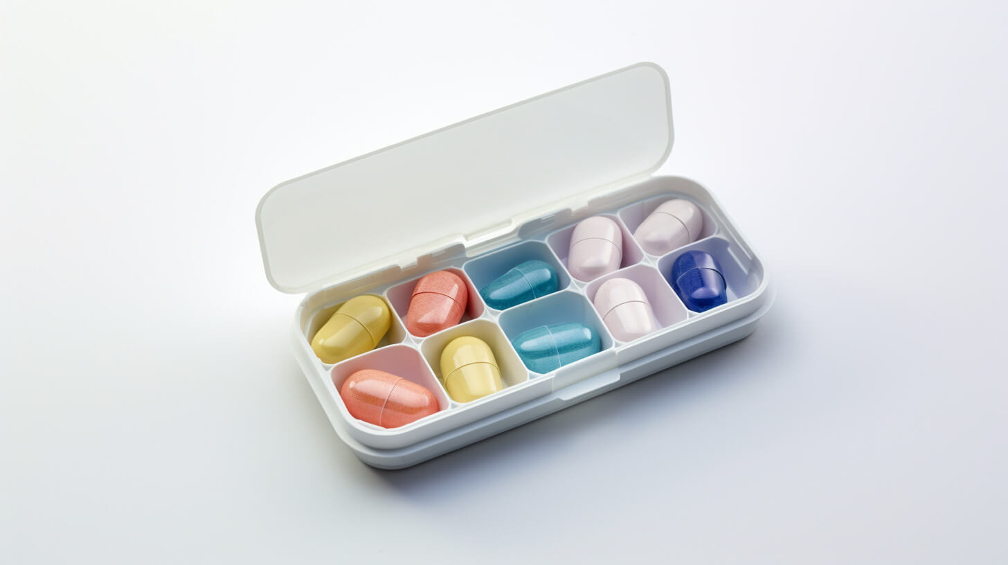 A pill organiser box open on a white surface, showing coloured tablets and capsules sorted into compartments