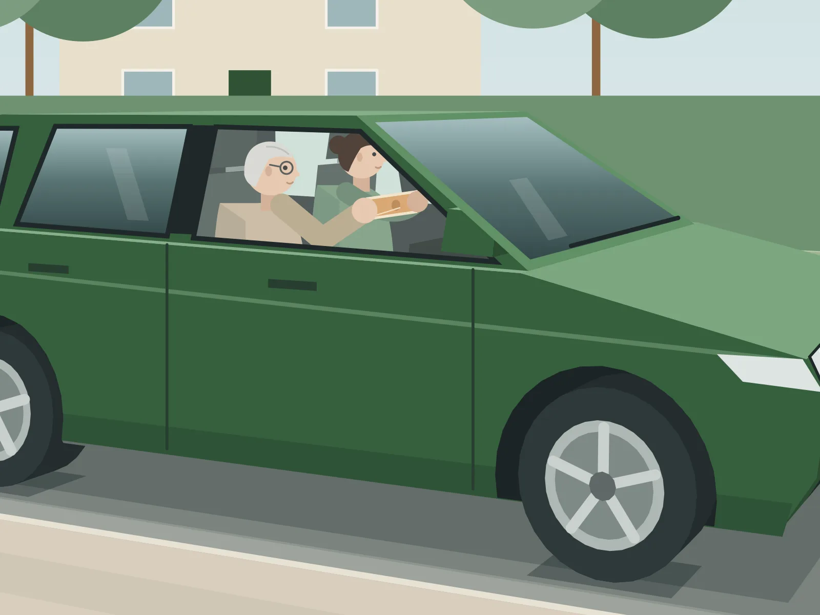 A carer at the wheel of a green car, handing a paper to an older woman sitting in the passenger seat beside her