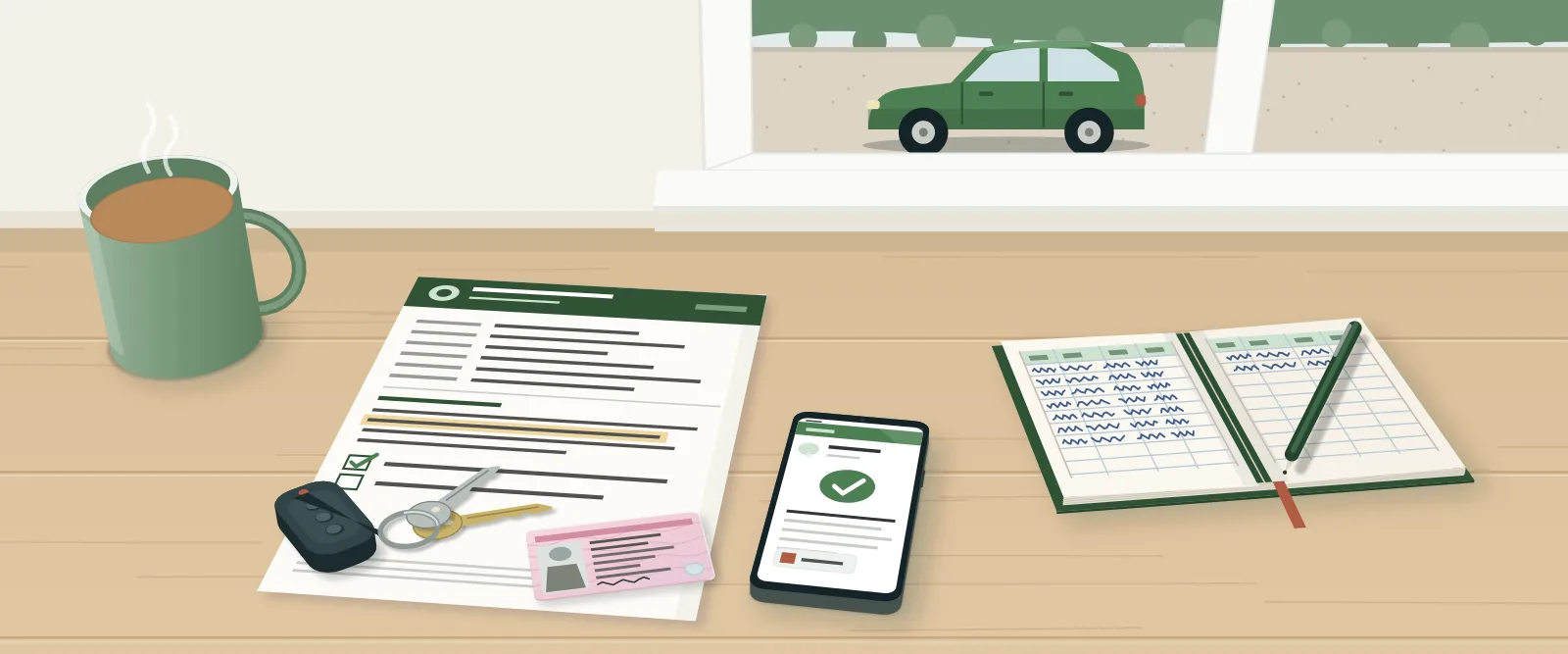 A table by a window with a car outside: an insurance certificate, a driving licence, car keys, a phone showing a confirmation, a mileage log book and a mug of tea