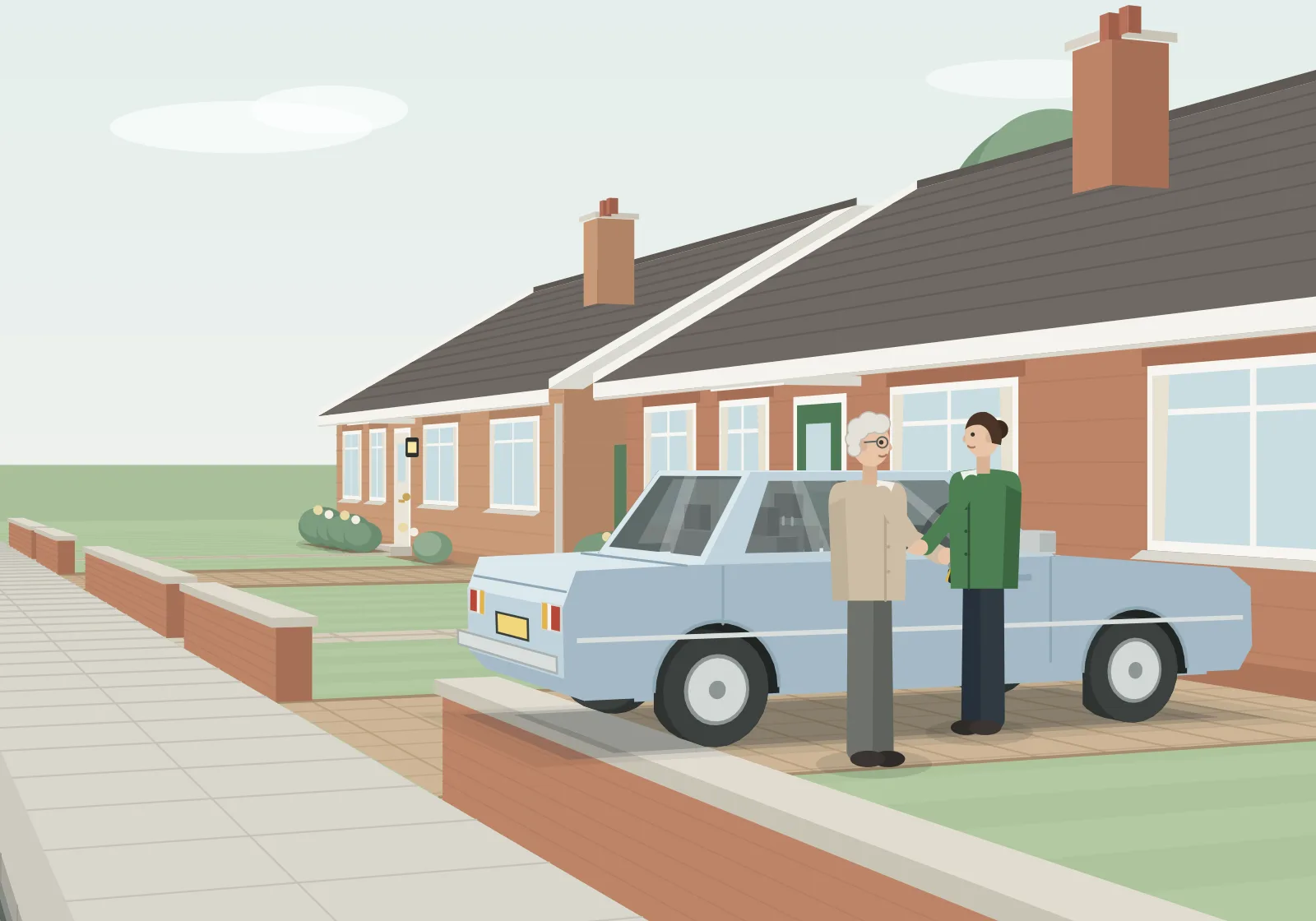 An older man shaking hands with a carer on the driveway of his bungalow, beside his pale blue car