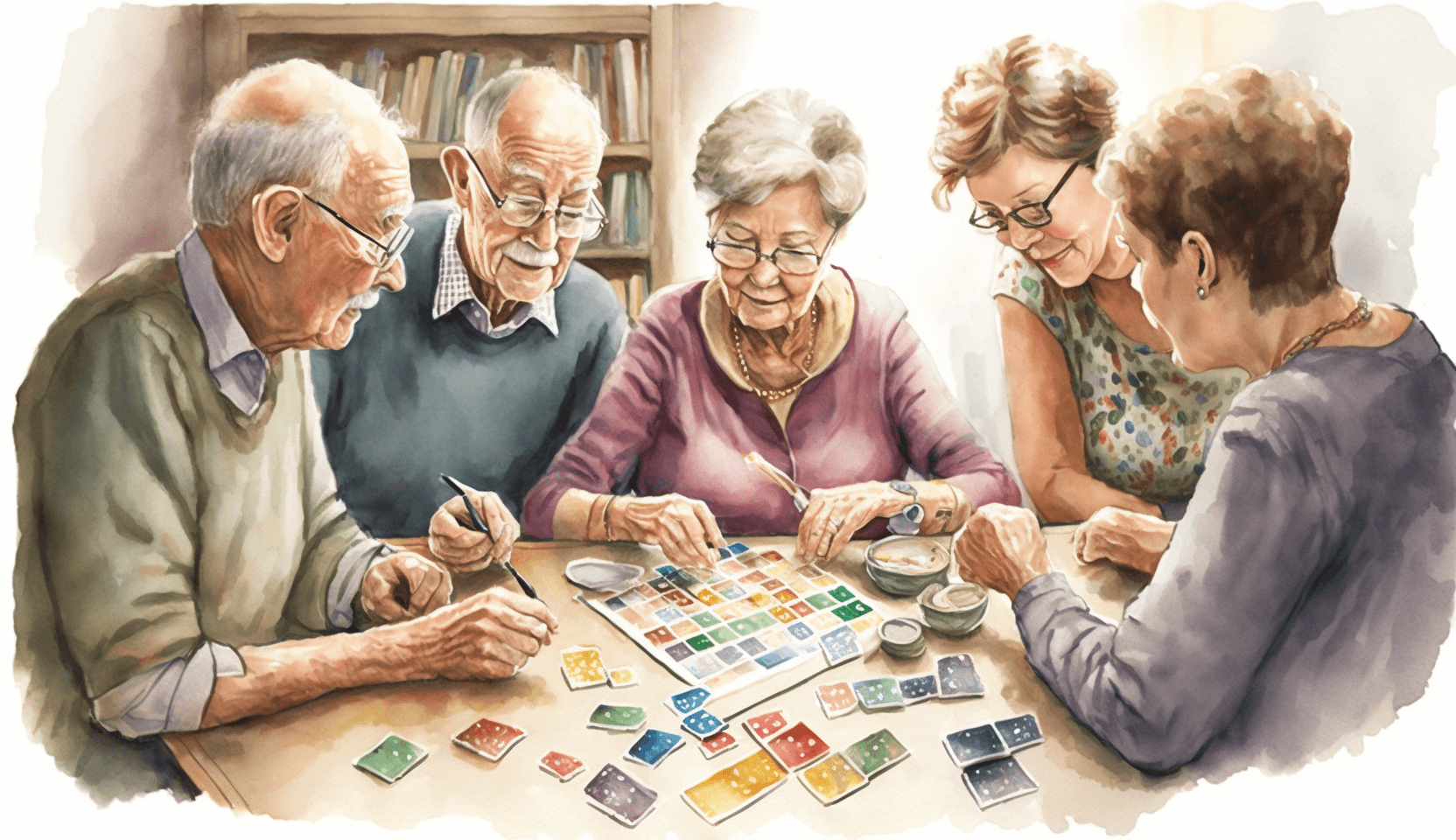 Five older friends sitting together around a table, painting small mosaic tiles as a shared craft activity