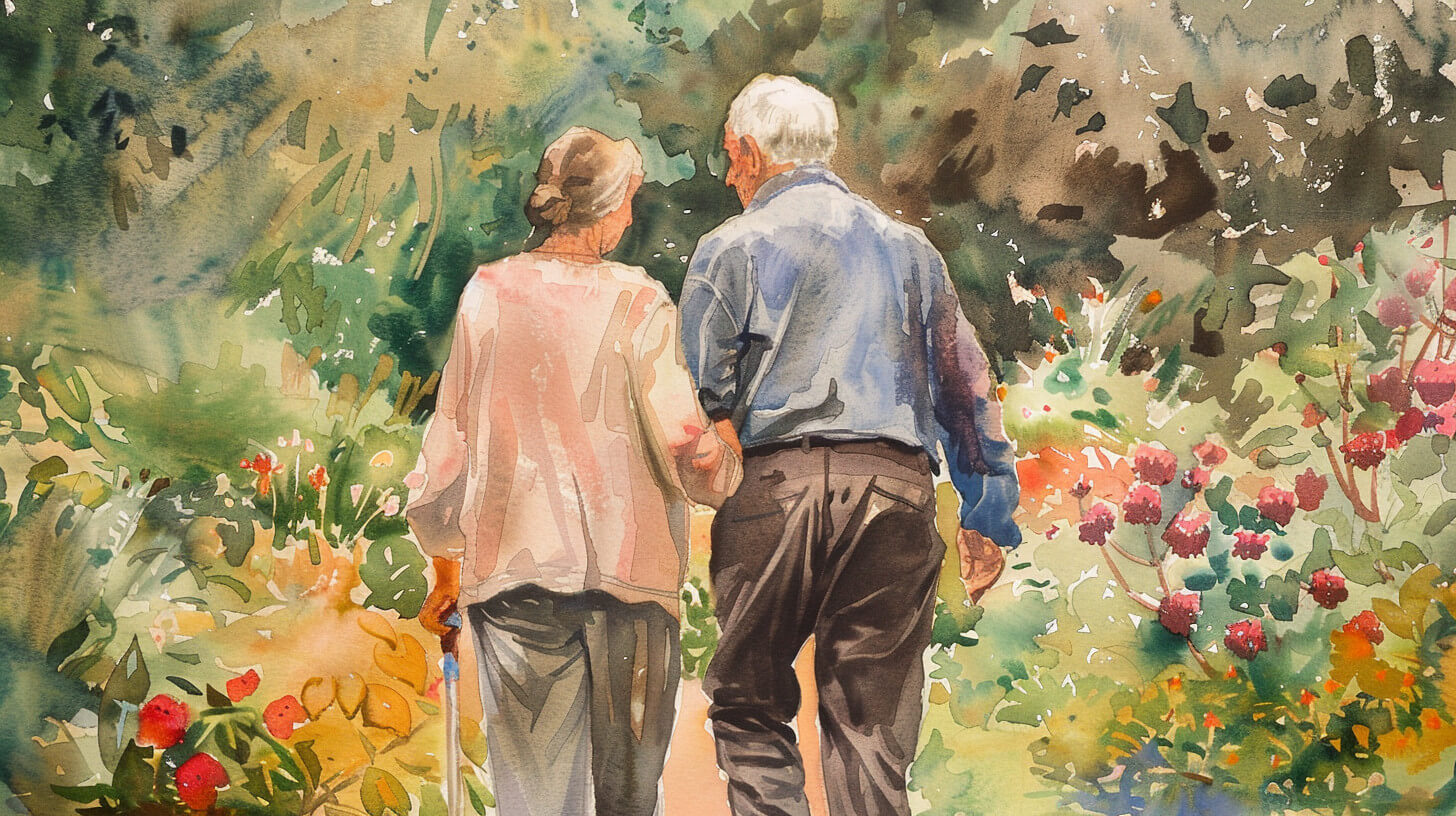 An elderly couple walking arm in arm away from the camera down a flower-lined garden path, one leaning on a walking stick