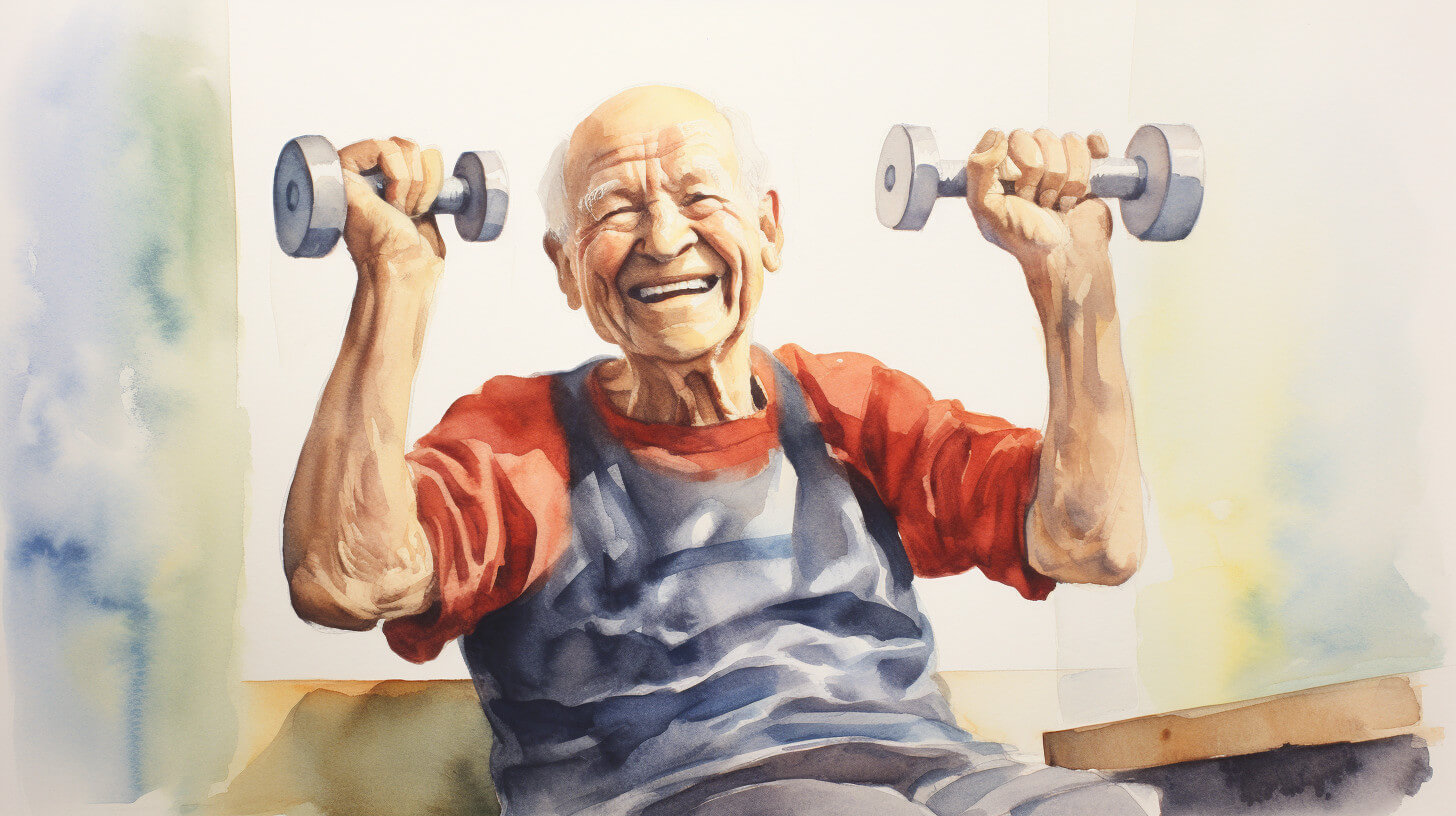 An elderly man in dungarees smiling while lifting a small dumbbell in each hand