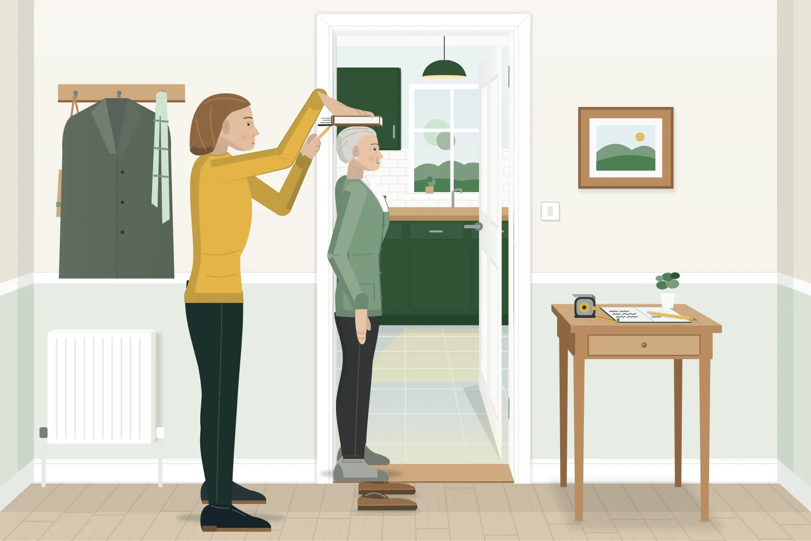 A daughter measuring her elderly mother against a kitchen door frame. The mother stands straight in her socks with her heels against the frame, her shoes beside her, while the daughter holds a book flat on her head and marks the frame with a pencil. A tape measure and a notebook sit on a small table nearby.