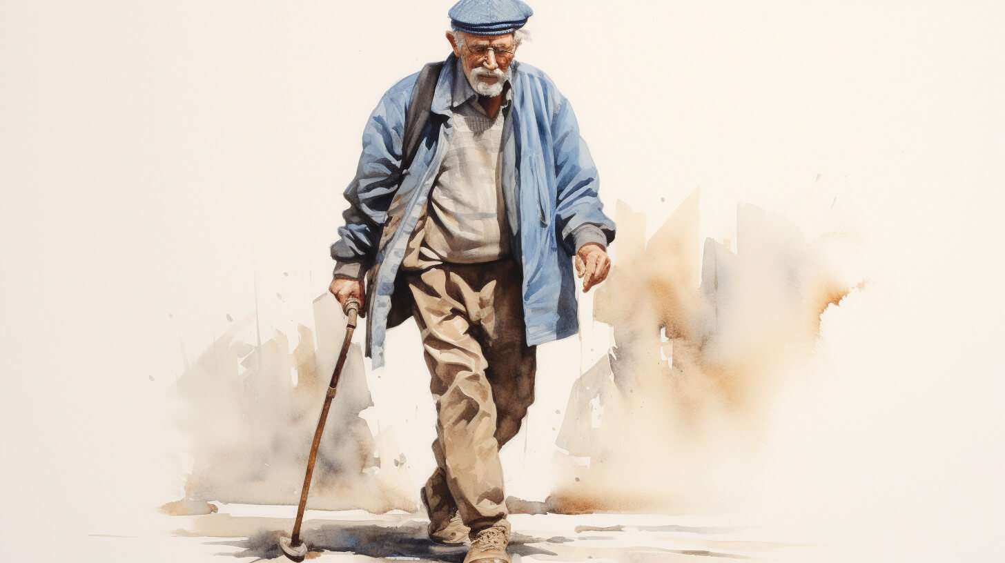 A watercolour of an elderly man in a flat cap and jacket, walking with a stick, stooped forward and looking down at the path