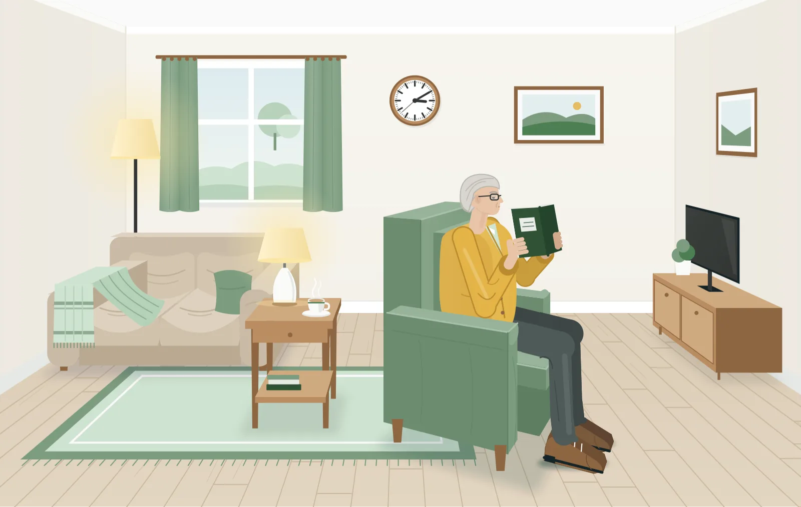 An older man sitting upright in a firm green armchair with arms, his feet flat on the floor in laced shoes, holding a book up near eye level to read. A clock hangs on the living room wall behind him.