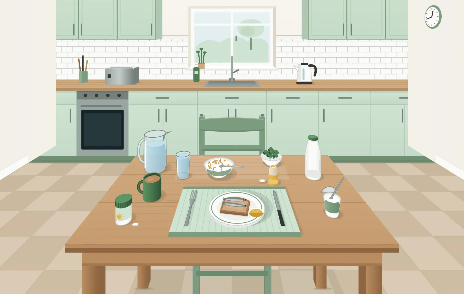 A kitchen table laid for a meal: a tub of vitamin D tablets, a plate of sardines on toast with an egg, a bottle of milk and a pot of yoghurt, a bowl of cereal, a bowl of greens, and a jug and glass of water.