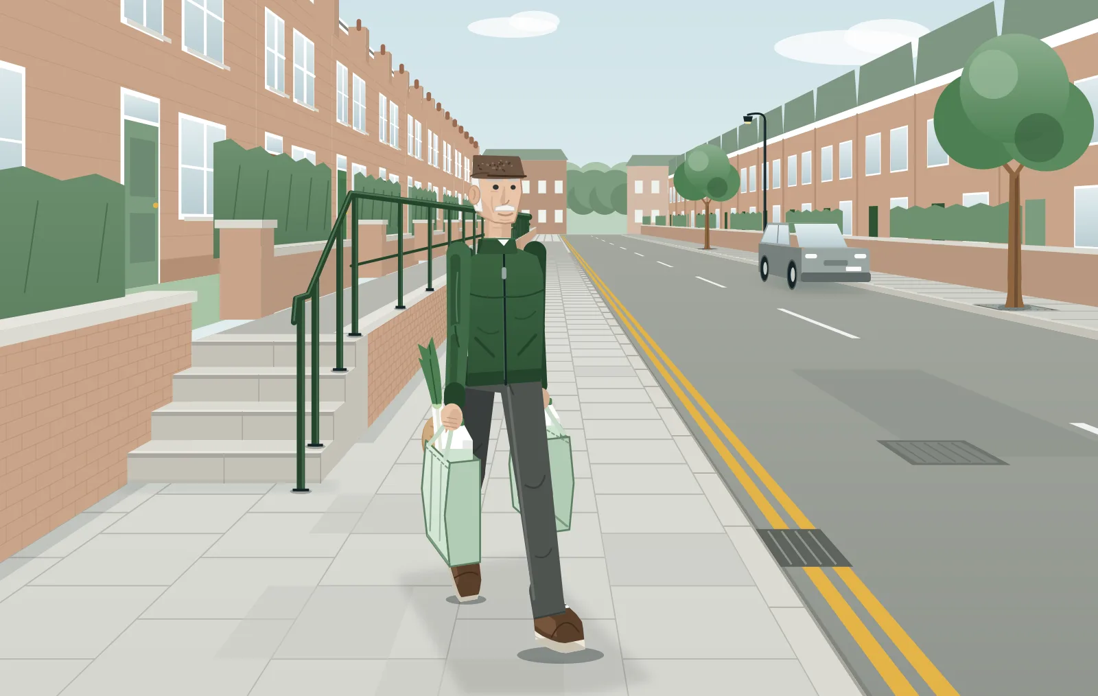 An older man in a flat cap walking briskly and upright along a terraced street, head up, with a shopping bag in each hand and laced shoes. A flight of front steps with a handrail is beside him.