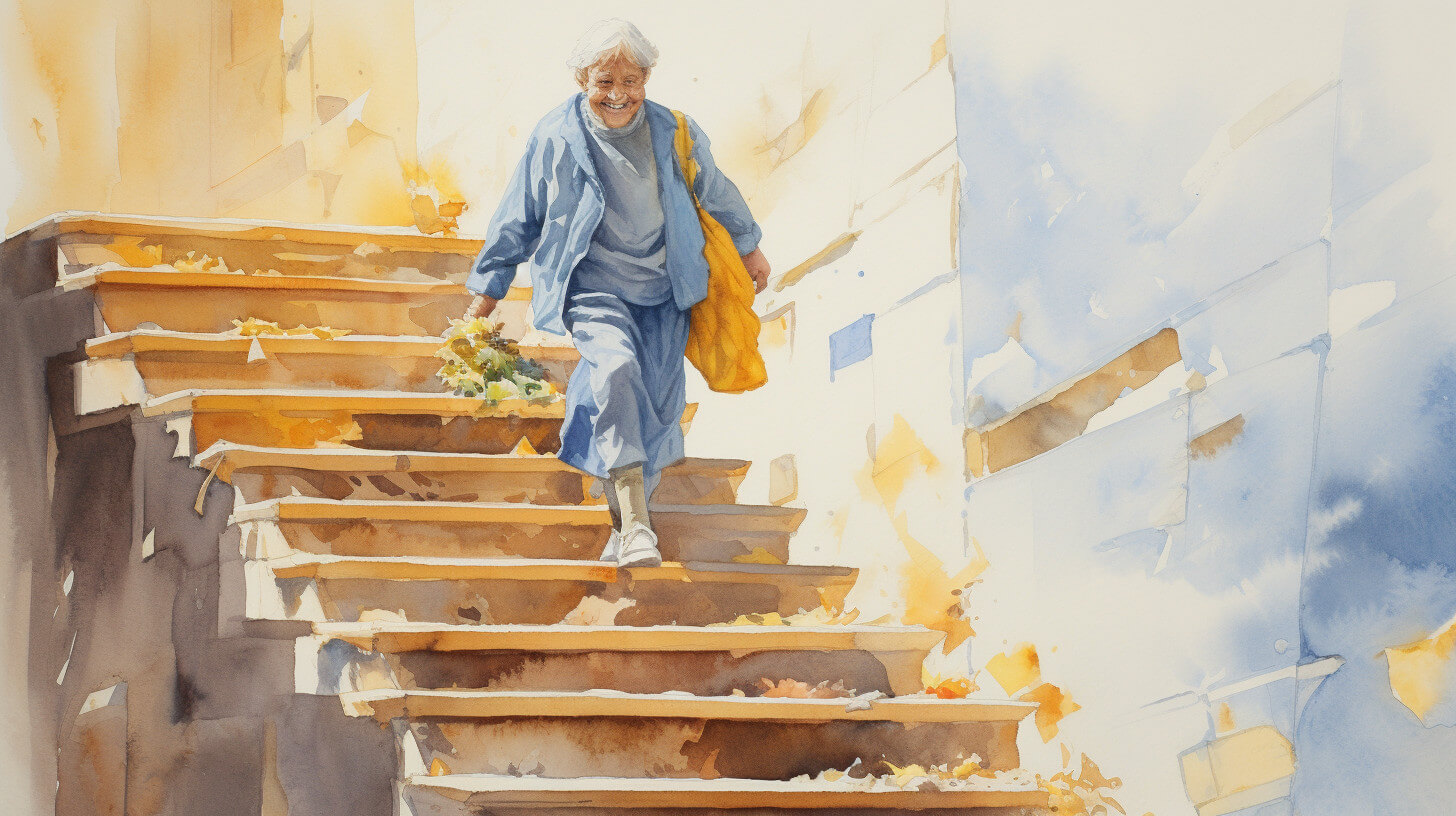 An elderly woman climbing a staircase at home with her hand on the handrail
