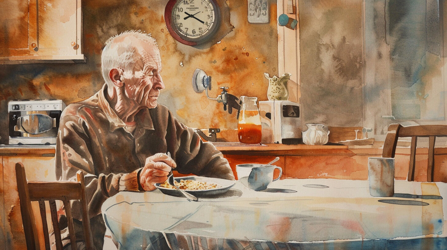 An elderly man eating breakfast alone at his kitchen table, with a clock on the wall behind him