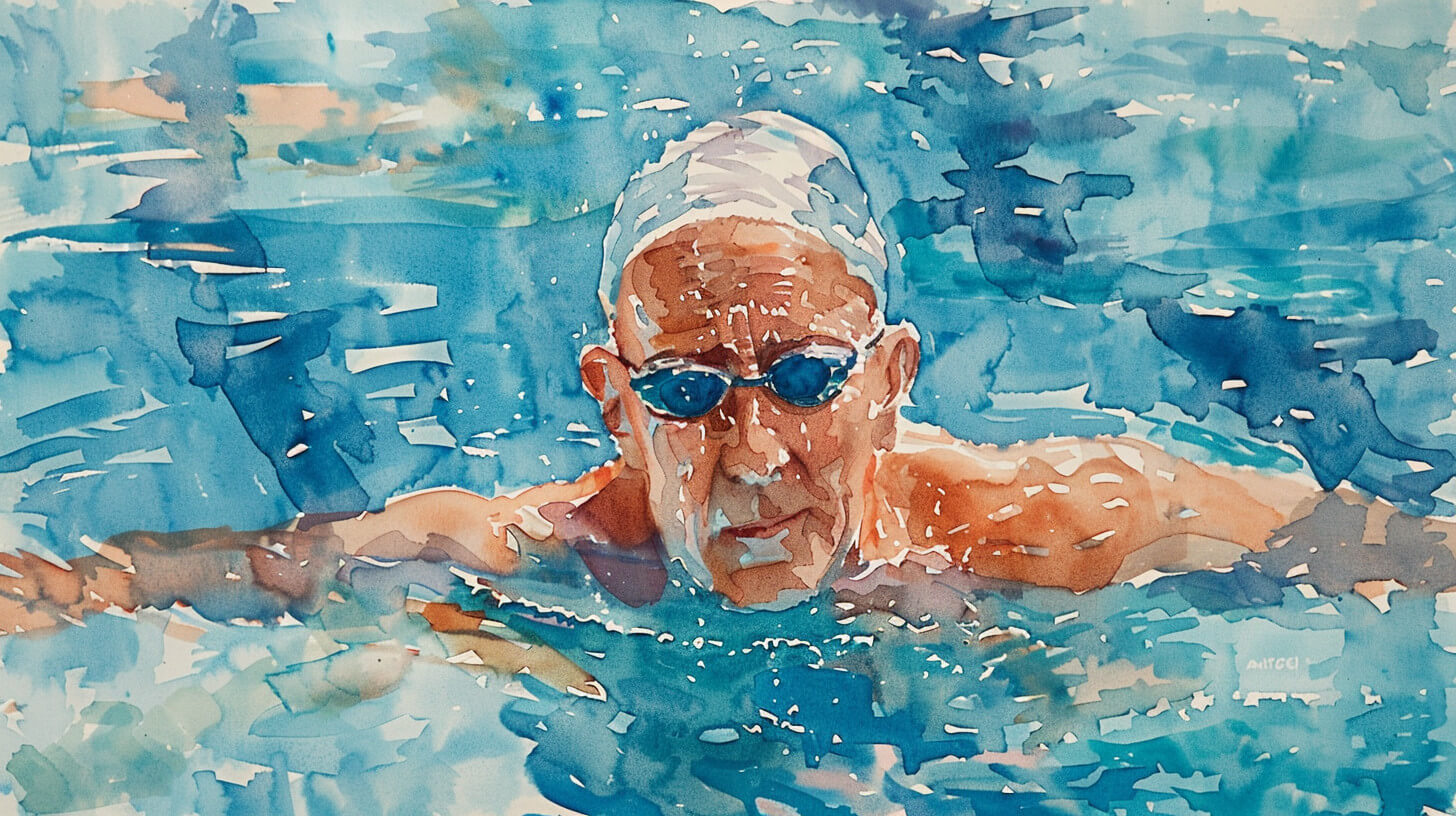 An older man swimming breaststroke in a pool, wearing a swim cap and goggles