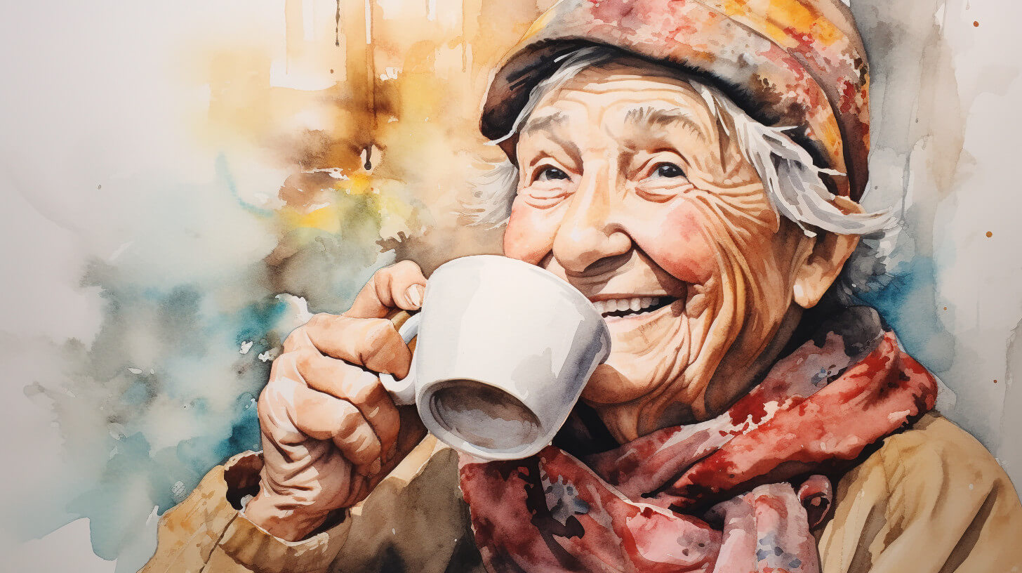 An elderly woman in a headscarf and a red shawl, smiling as she drinks from a white mug of tea