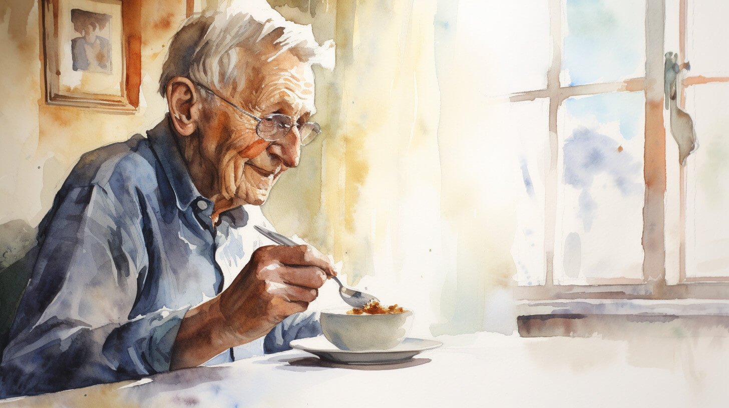 An elderly man sitting by a sunlit window, eating a bowl of soup with a spoon