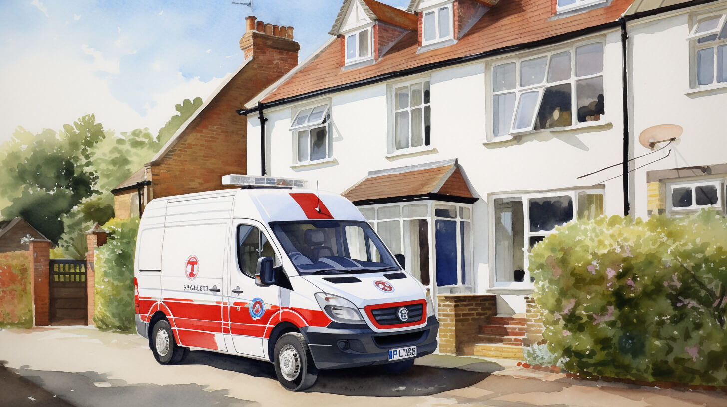 An ambulance parked on a residential street outside a terraced house