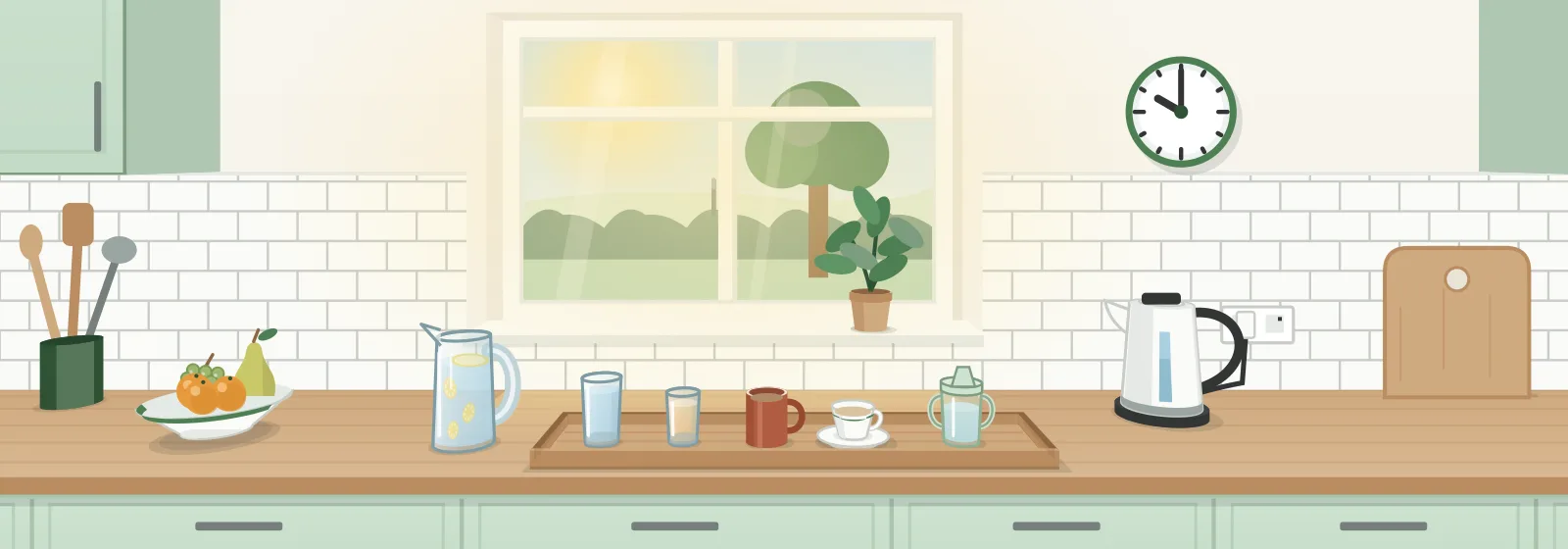 A kitchen worktop in morning light with a jug of water with lemon slices, and a tray of glasses, a mug, a teacup and a lidded beaker set out ready for the day, beside a kettle and a bowl of fruit
