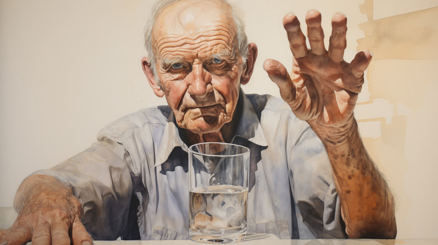 An older woman sitting at her kitchen table, a full glass of water in front of her, looking out of the window rather than drinking it
