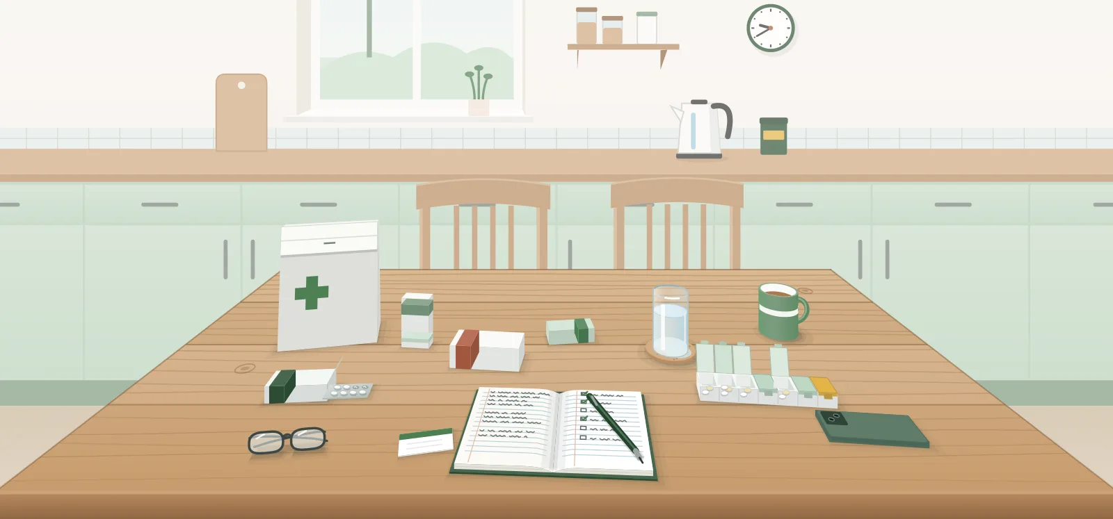A kitchen table set out for a GP appointment, with a pharmacy bag, medicine boxes, a blister pack, a weekly pill organiser, a glass of water, reading glasses and an open notebook with a pen