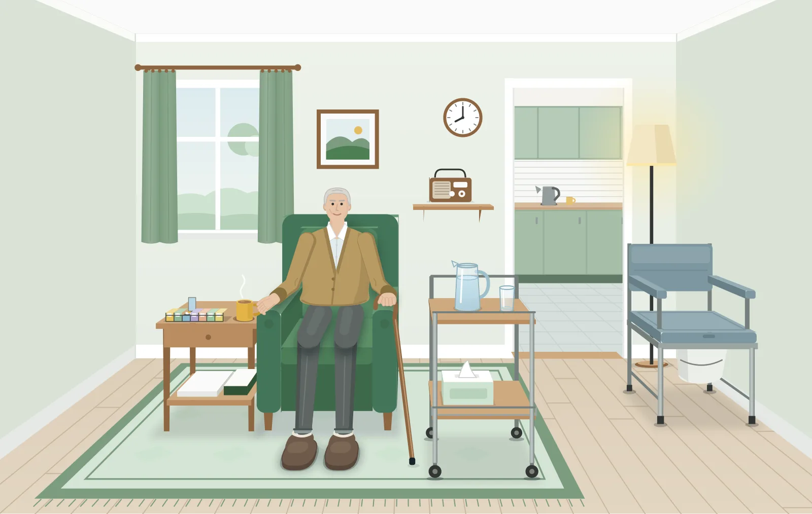An older man in an armchair with a mug and his pill organiser on the side table beside him, a jug of water and a glass on a small trolley within reach, and a commode against the wall nearby