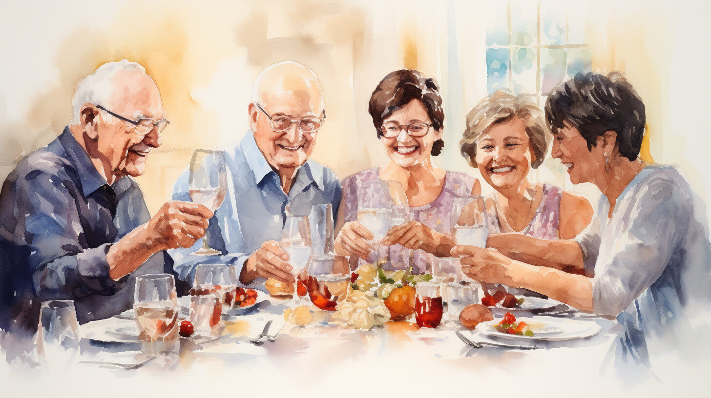 A group of older friends and family smiling and raising glasses of water together at a table set with fruit