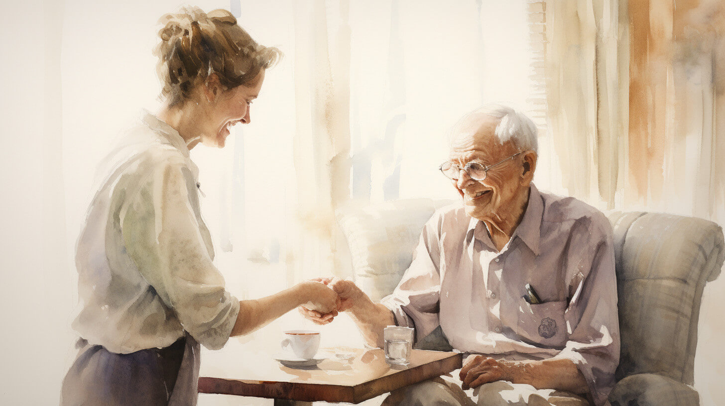 A carer and an older man laughing together over tea at his table, her hand resting gently in his