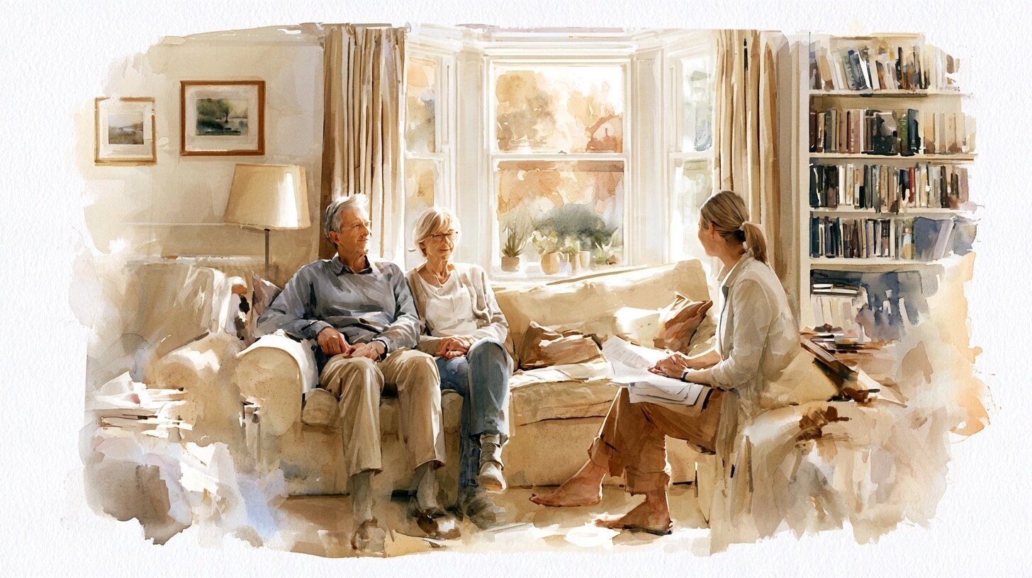An older man and his wife sitting together on the sofa talking with a GP who sits across from them with papers on her knee, lamp and bookshelves, in a sitting room