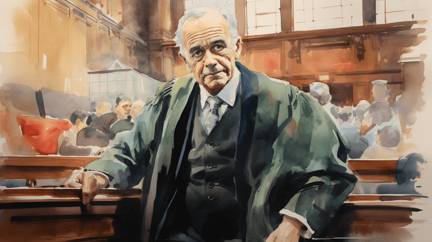 A watercolour painting of a barrister standing at the bench in a courtroom, addressing the public gallery.