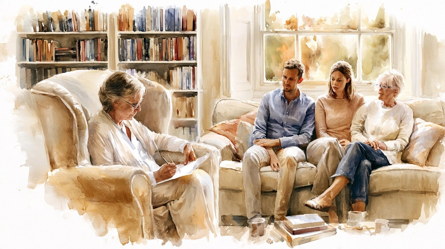 An older woman in an armchair signing a form with a pen, her son and daughter sitting nearby on the sofa, bookshelves and a window behind, in a sitting room
