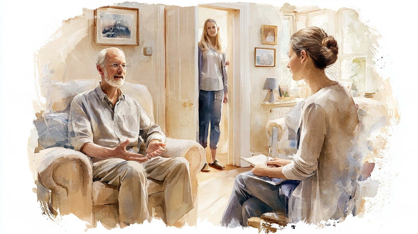 An older man in an armchair talking, a social worker sitting facing him with a notebook and listening, his daughter standing back by the doorway, in a sitting room