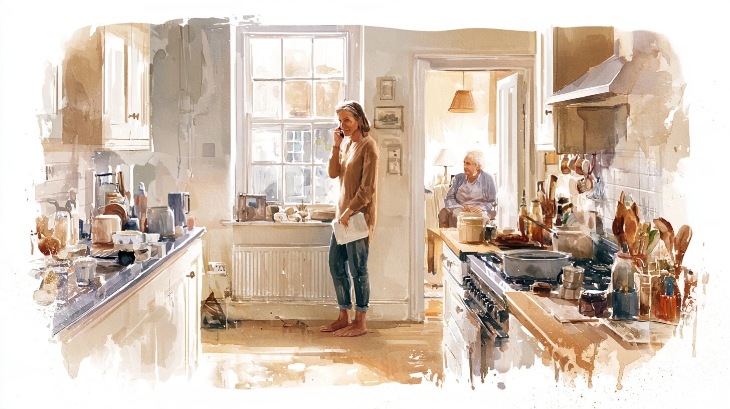 A middle-aged woman standing by the window on the phone with a notebook in her hand, her elderly mother sitting in the living room visible through the open doorway
